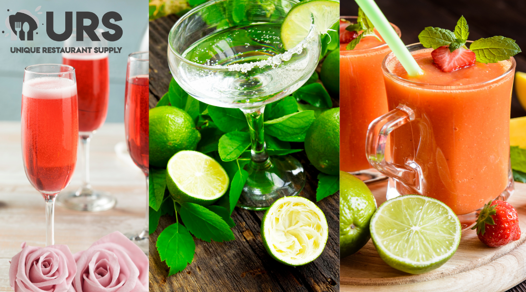 This image shows different summer drinks that are discussed in the blog: rosé rose mimosa, cucmber lime cocktail and mango strawberry peach smoothie
