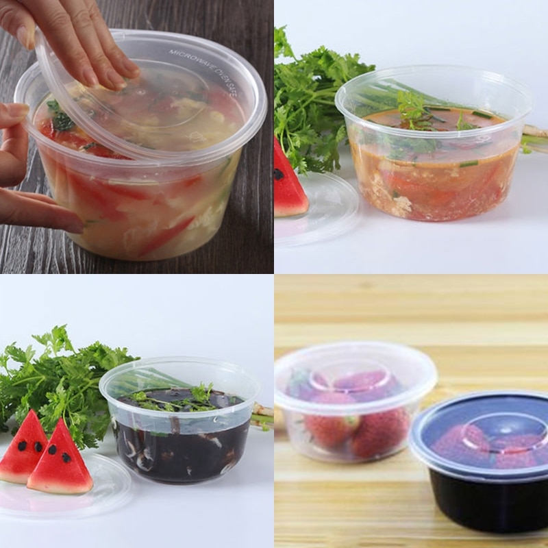 10Pcs 300ml Plastic Disposable Lunch Soup Bowl Food Round Container Box With Lids New