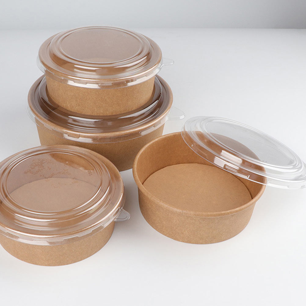 10Pcs Disposable Food Container Round Thicken Soup Bowl With Lid Kraft Paper Takeout Box Food Packaging Box