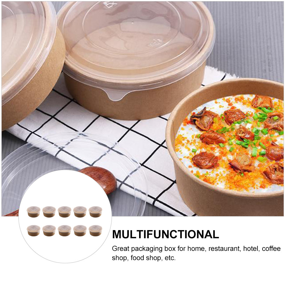 10Pcs Disposable Food Container Round Thicken Soup Bowl With Lid Kraft Paper Takeout Box Food Packaging Box