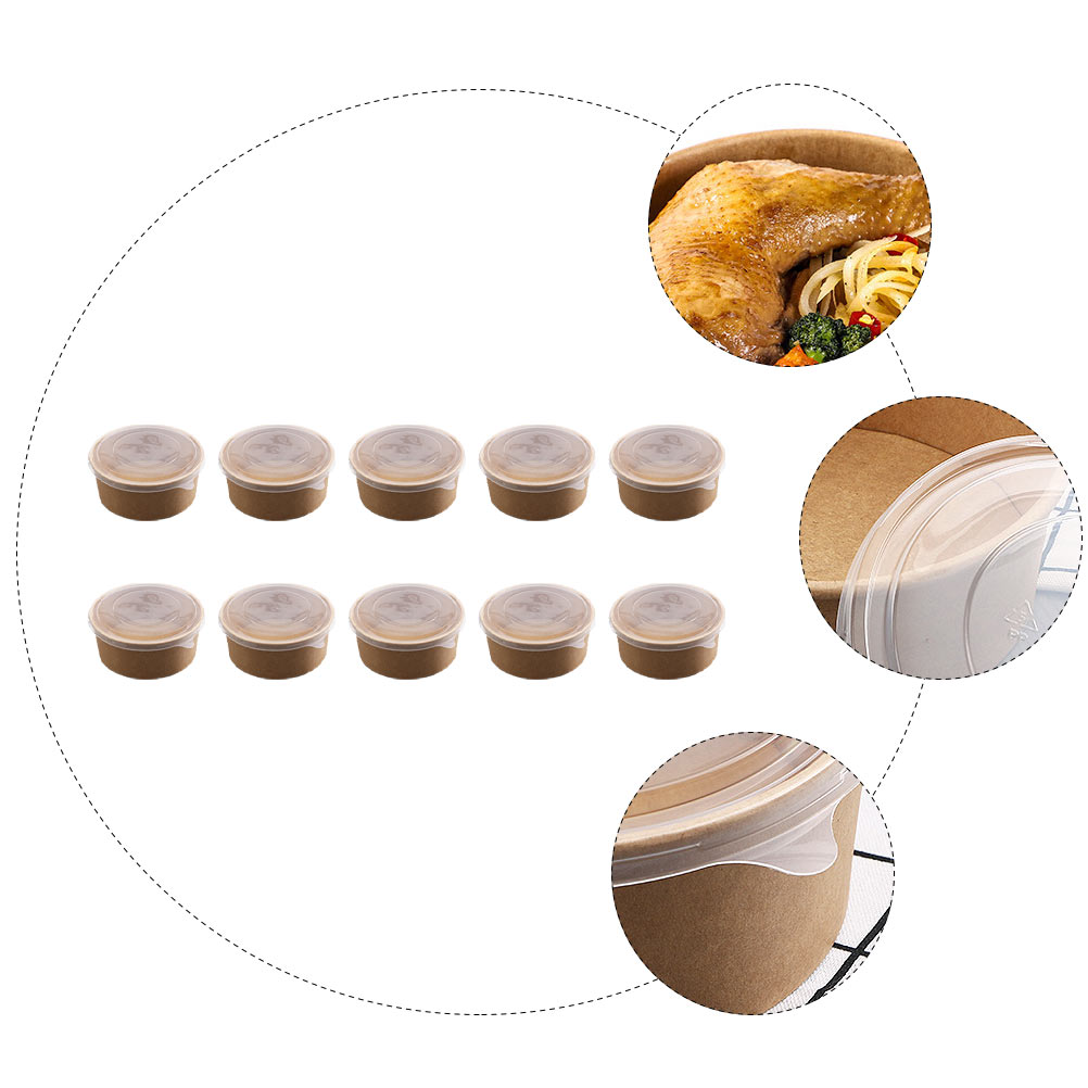 10Pcs Disposable Food Container Round Thicken Soup Bowl With Lid Kraft Paper Takeout Box Food Packaging Box