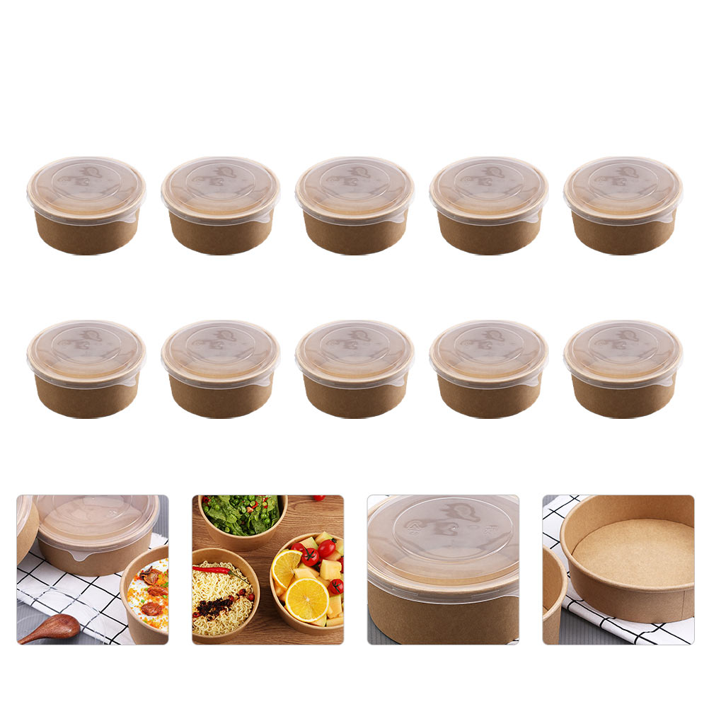 10Pcs Disposable Food Container Round Thicken Soup Bowl With Lid Kraft Paper Takeout Box Food Packaging Box