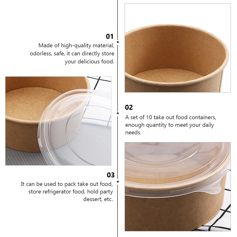 10Pcs Disposable Food Container Round Thicken Soup Bowl With Lid Kraft Paper Takeout Box Food Packaging Box