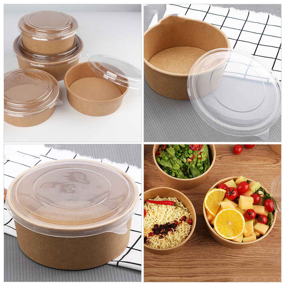 10Pcs Disposable Food Container Round Thicken Soup Bowl With Lid Kraft Paper Takeout Box Food Packaging Box