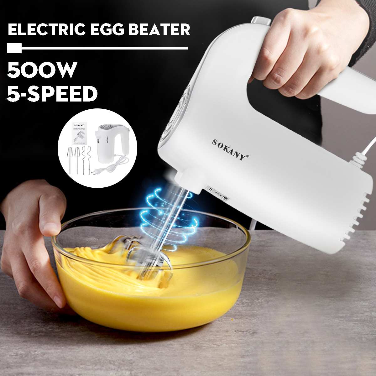 5 Speeds Electric Food Mixer Hand Blender 500W Power Dough Blender Egg Beater Food Processor Kitchen Manual Cooking Tools