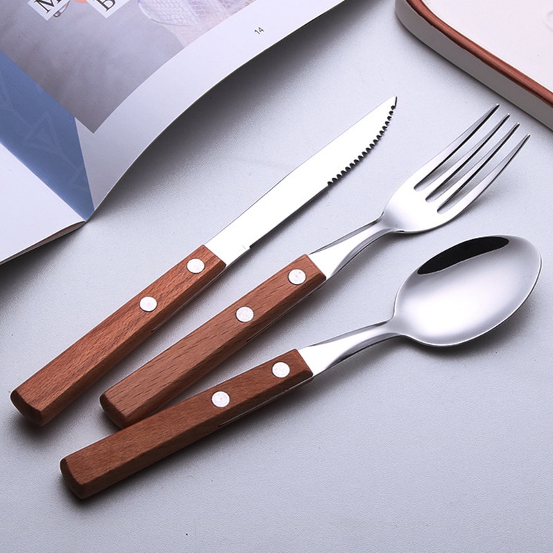 Wood Cutlery Set Including Fork Spoon Knife Set,Stainless Steel Tableware Dinnerware Set with Wooden Handle