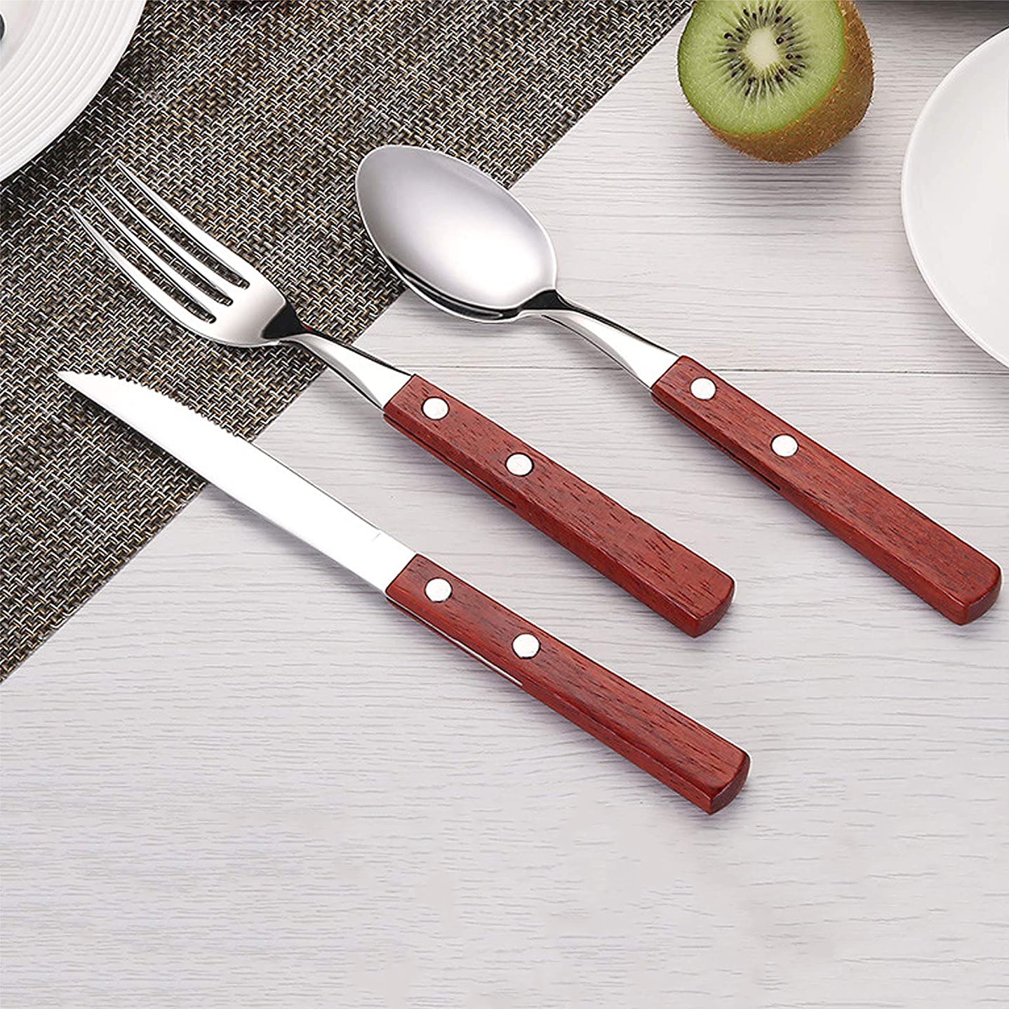 Wood Cutlery Set Including Fork Spoon Knife Set,Stainless Steel Tableware Dinnerware Set with Wooden Handle