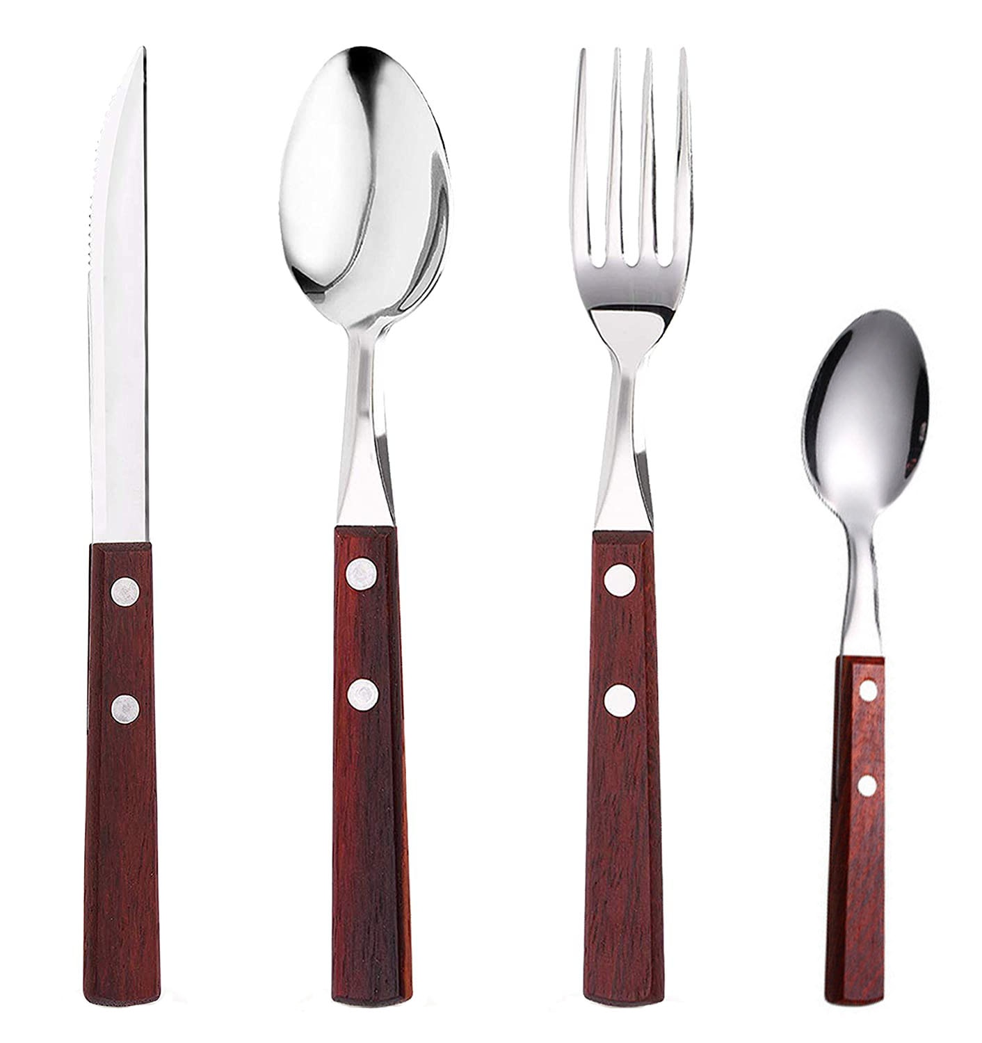 Wood Cutlery Set Including Fork Spoon Knife Set,Stainless Steel Tableware Dinnerware Set with Wooden Handle
