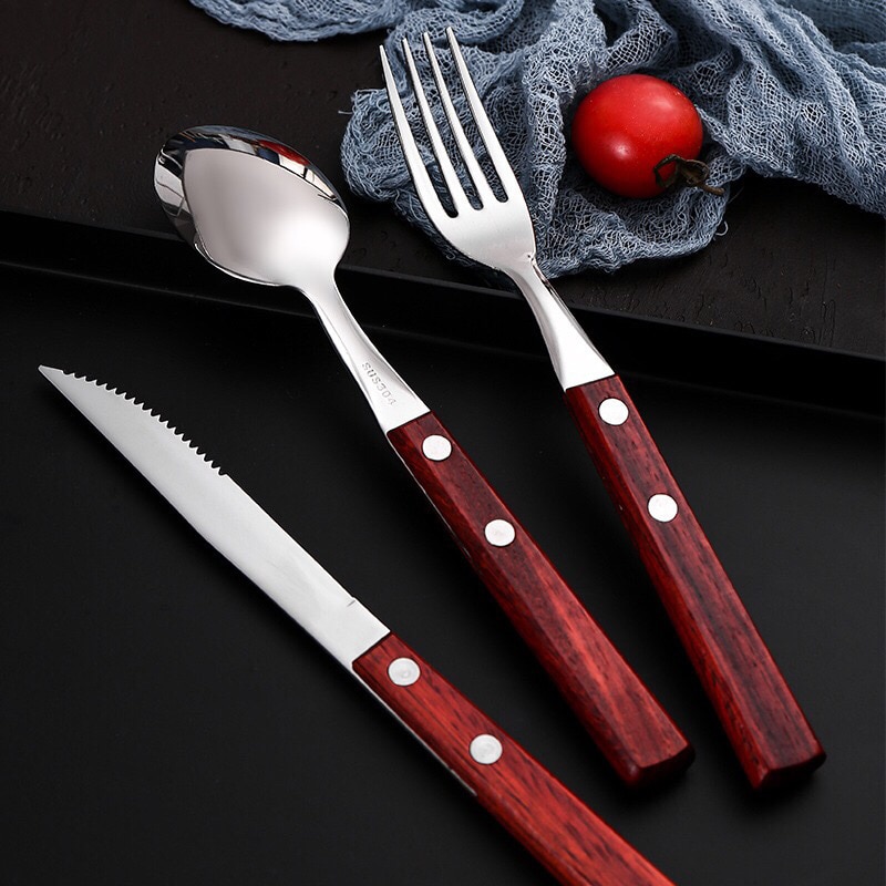 Wood Cutlery Set Including Fork Spoon Knife Set,Stainless Steel Tableware Dinnerware Set with Wooden Handle